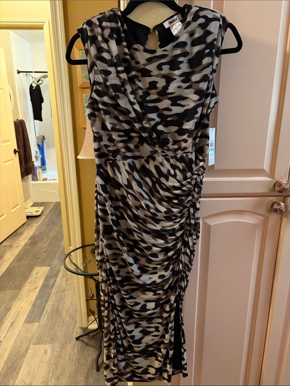 DKNY Black, cream and Brown Ruched Animal-Print Midi Dress mesh overlay